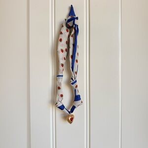 Strawberry Print Scarf Necklace with Blue Accents